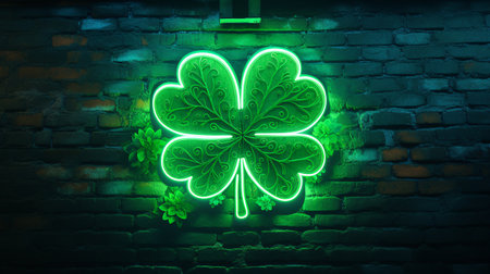 clover glows green neon on a brick wall.の素材
