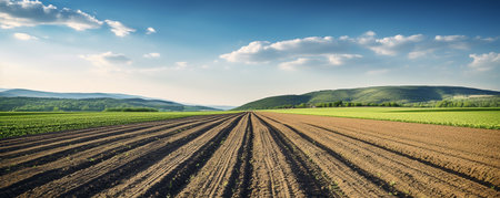 Furrows of a plowed field prepared for planting crops in springの素材