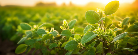 Soybean field and soybean plants in early morning lightの素材