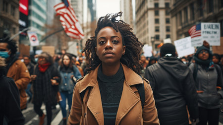 Portrait of a black woman marching in protest with a group of people on a city streetの素材