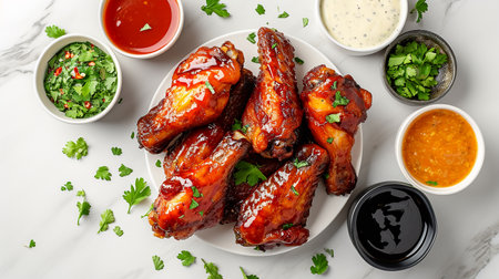 Air fryer chicken wings glazed with hot chili sauce and served with a variety of saucesの素材