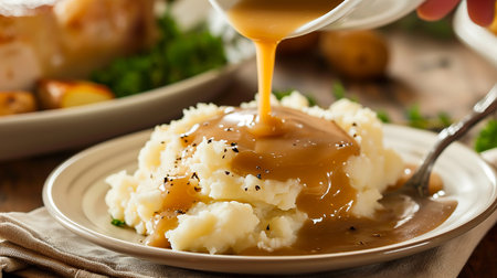 Gravy poured into mashed potatoesの素材