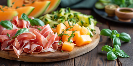 prosciutto and melon on a wooden tray. Italian snacksの素材