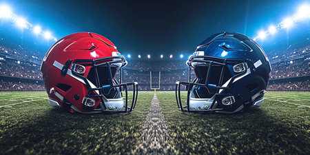 American football helmets facing each other on a football field with stadium lightsの素材