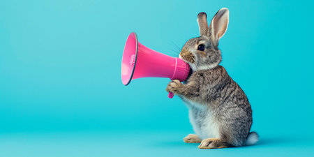 cute bunny with pink megaphone, blue backgroundの素材