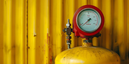 Red pressure gauge on a yellow gas cylinderの素材