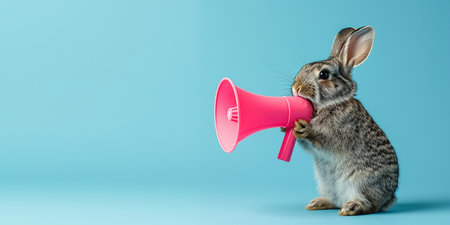 cute bunny with pink megaphone, blue backgroundの素材