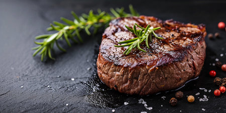 Grilled beef steak with rosemary and pepper on stone plate on black backgroundの素材