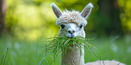 alpaca with mouth full of grassの素材