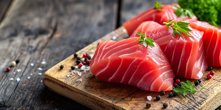 Fresh raw tuna fillet steak and sashimi on a wooden boardの素材