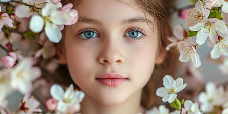 portrait of a beautiful young girl with spring flowersの素材