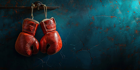boxing gloves hanging on a nail on a dark background, copyspaceの素材
