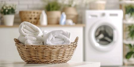 wicker basket with chemical and alternative environmental cleaning products, cleaning and detergents on table with towels on laundry backgroundの素材
