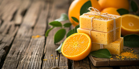 Handmade orange soap with fresh oranges and leaves on wooden backgroundの素材