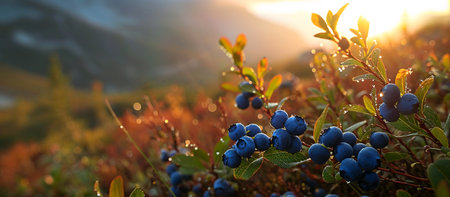 Wild blueberries bask in the golden morning light with the mountains in the backgroundの素材