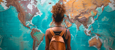 Girl looking at the world map and planning her trip during vacationの素材