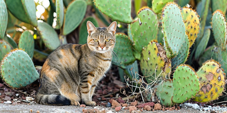 A cat sitting in front of a cactus plantの素材