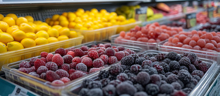 Frozen fruits in containers at a grocery storeの素材