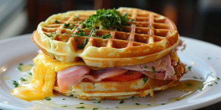 Belgian waffle breakfast sandwich with ham and cheeseの素材