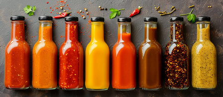 Variety of spicy sauces in glass bottlesの素材
