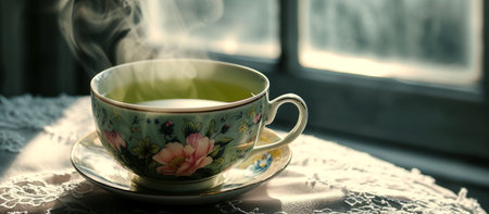 Warm green tea in a porcelain cup with a floral pattern.の素材