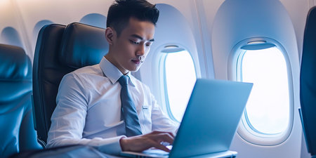 Young businessman working on a laptop in an airplane seatの素材