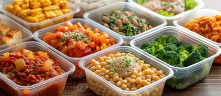 Various plastic containers filled with different types of food.の素材