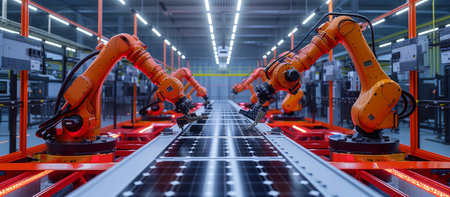 Robotic arms assemble solar panels at a high-tech factoryの素材