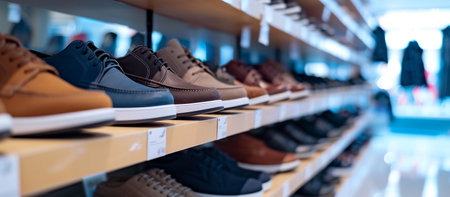shoes on shelves in a store with copy spaceの素材