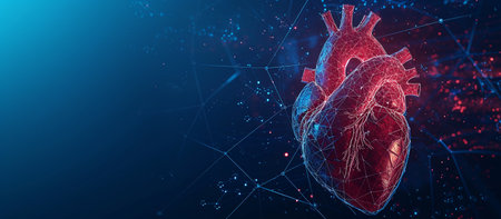 glowing polygonal human heart illustrating cardiology, on a dark blue backgroundの素材