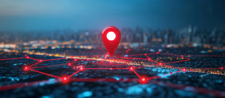 Red map icon in cityscape indicating city destination on mapの素材