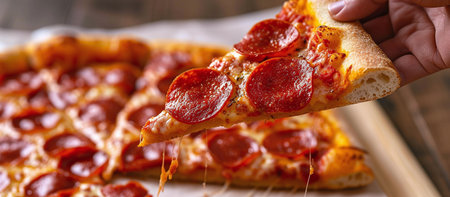 Hand holding a slice of pepperoni pizza over a slice of thin crust pizzaの素材