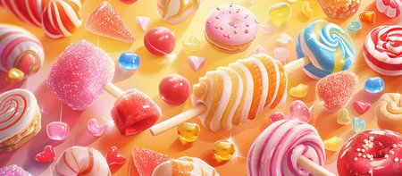 illustration of different bright colored sweets, candies, lollipops, marmalade. pastry backgroundの素材