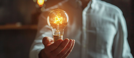 businessman in a shirt holds a glowing light bulb in his handの素材