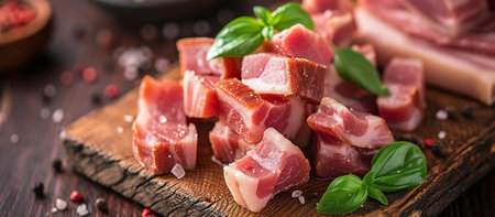 cubes of bacon on a rustic wooden boardの素材