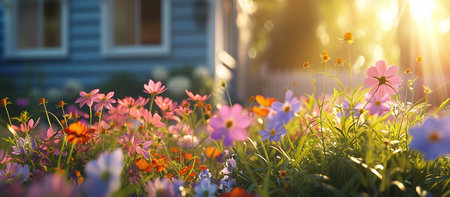 beautiful flowerbed of home flowers in the garden against the background of the houseの素材