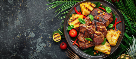 plate with meat, vegetables and pineappleの素材