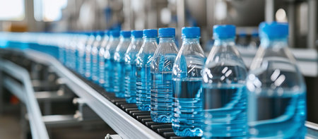 Drinking water production plant, bottles on a factory conveyor with an automatic line for packaging drinking water in plastic containers.の素材