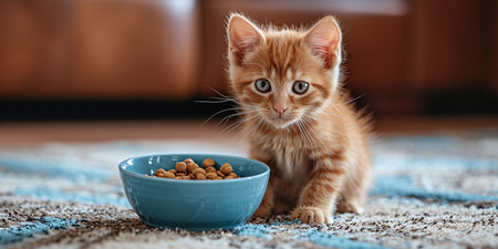 cute ginger kitten next to a blue bowl with foodの素材