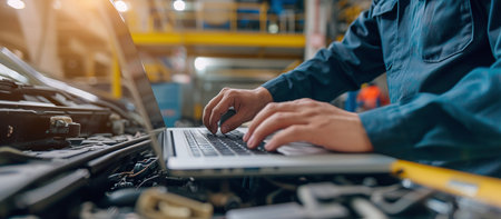 Computer diagnostics. Automotive technician using programming on laptop computer. Car service conceptの素材