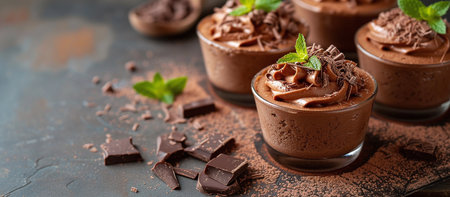 chocolate mousse decorated with chocolate shavings and mint leavesの素材