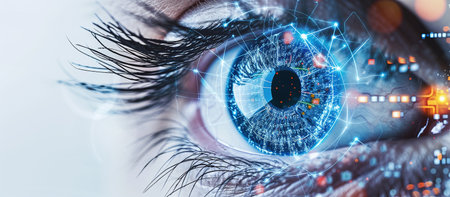 abstract human eye with graphs and diagrams in the form of an iris, symbolizing the clientの素材