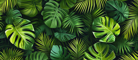 Abstract foliage and botanical background. Green tropical forest wallpaper of monstera leaves, palm leaves, branches, hand drawn.の素材