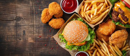 cheeseburger with mozzarella chicken wings, chicken nuggets and friesの素材