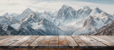 Wooden table top with the mountain landscapeの素材