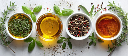 olive oil, herbs and spices, top view on white backgroundの素材