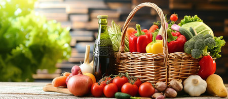 Wicker basket with a variety of products, including fresh vegetables and fruits.の素材
