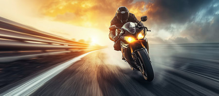Motorbike. Professional motorcyclist riding at high speed on the roadの素材