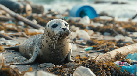 Seal on a garbage-strewn beach, marine pollution, wildlifeの素材
