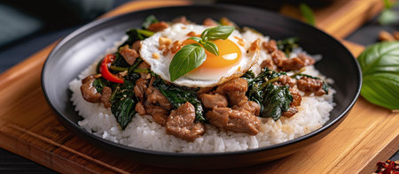 Thai food Fried pork with basil rice.の素材